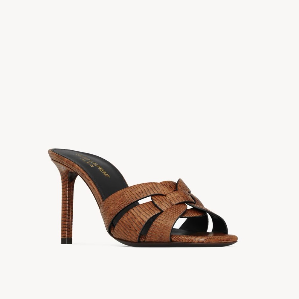 YSL Saint Laurent Tribute Slide Sandal Almond Brown Mule Heels
